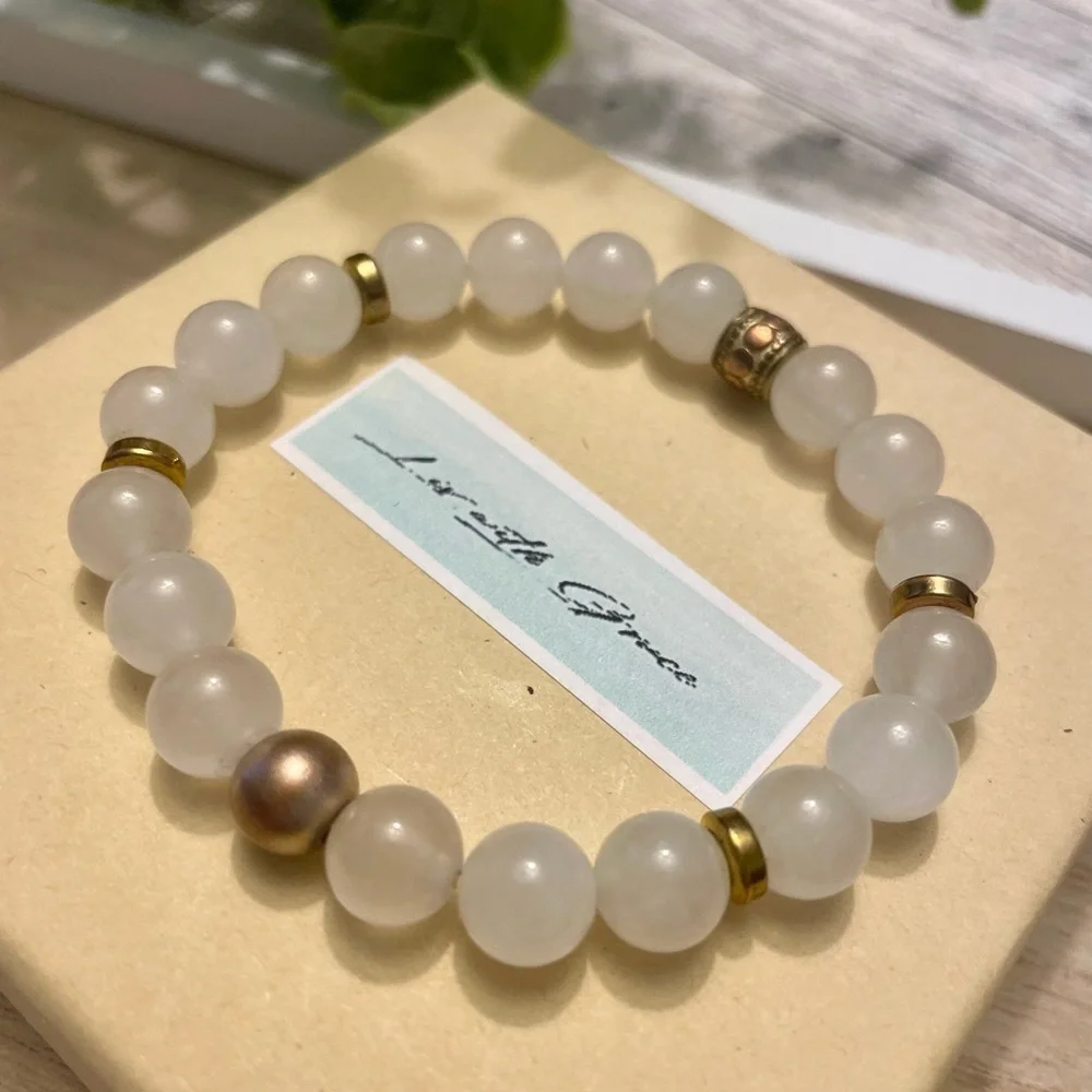 White Jade Gemstone Bracelet 8mm with Gold accents, stretch handmade, stacking